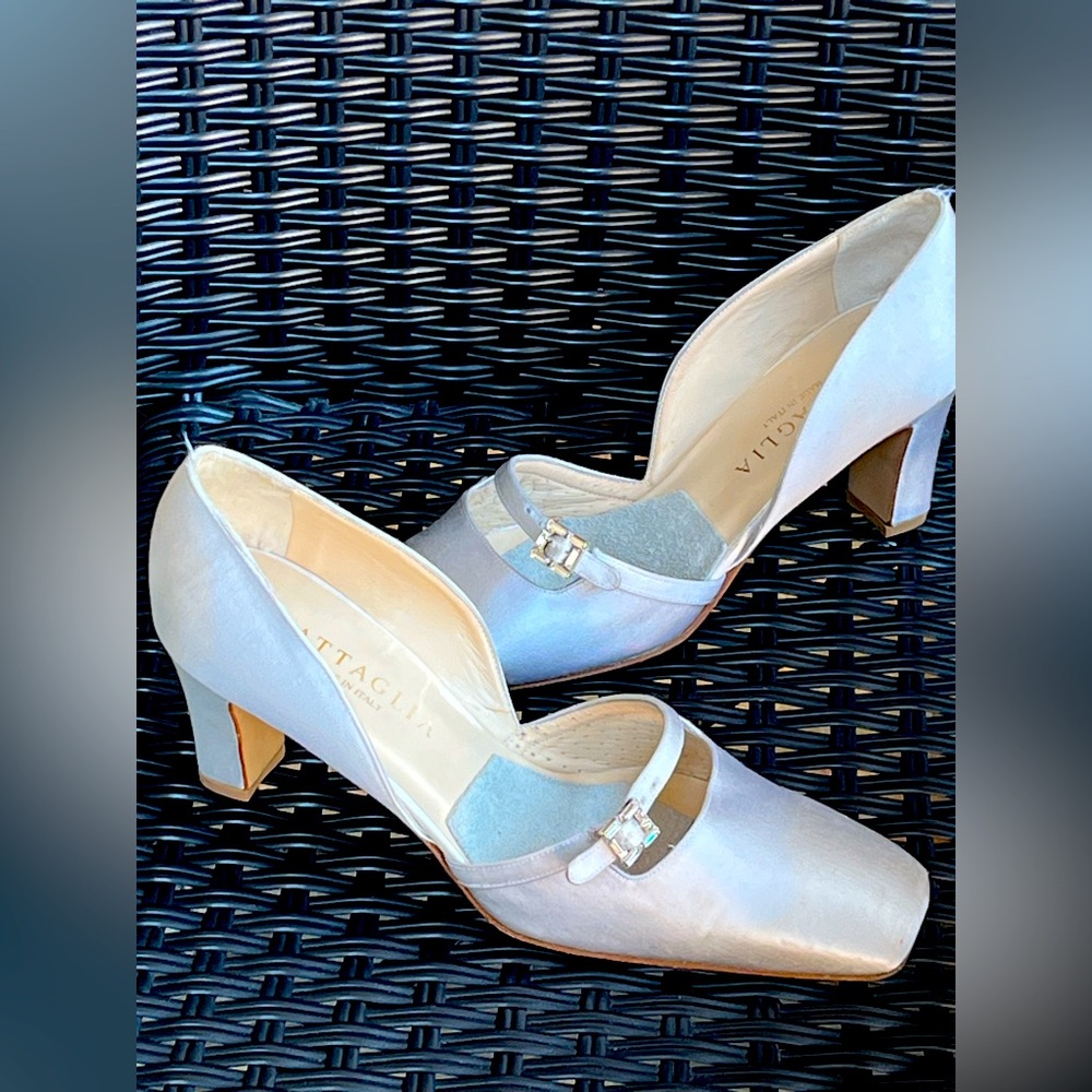 Battaglia Satin Mary Jane Block Heels. Made in Italy